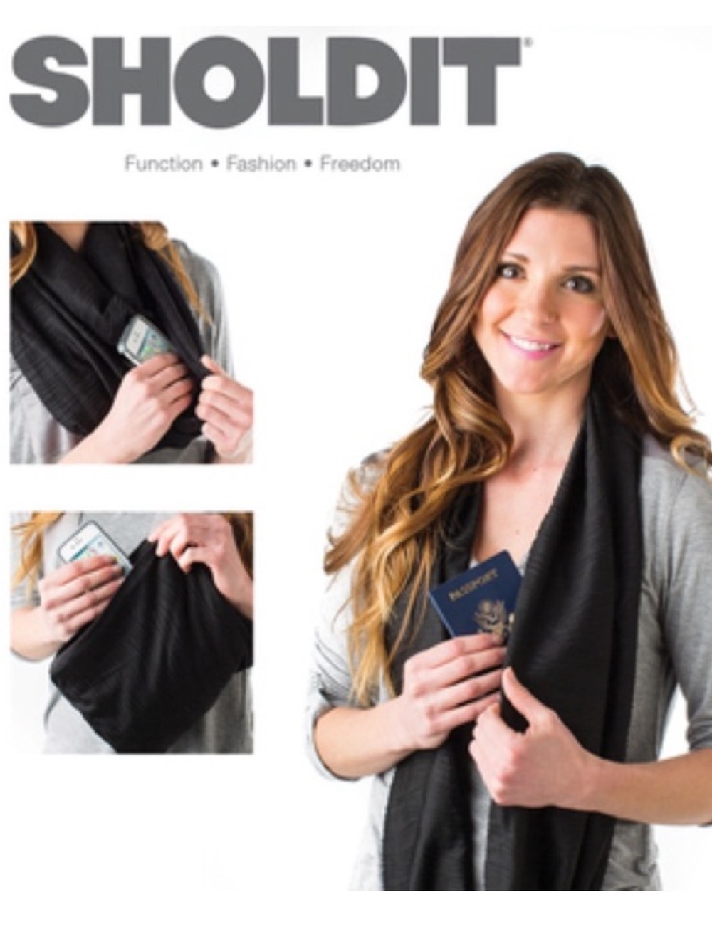 Sholdit The Original Hidden Pocket Scarf. Knit Marled Black Travel Scarf